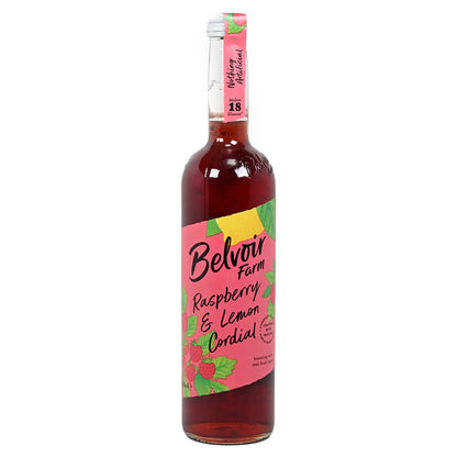 Bottle of Belvoir Farm Raspberry & Lemon Cordial on a white background