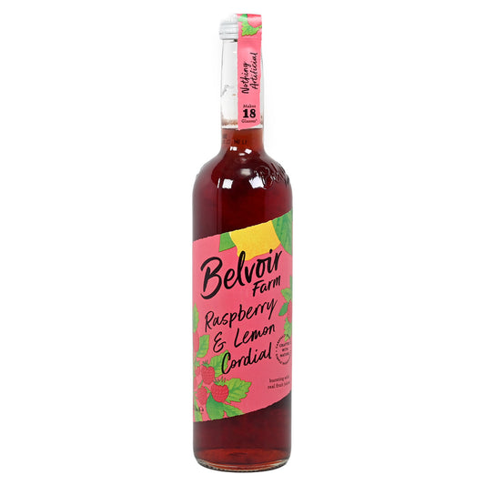 Bottle of Belvoir Farm Raspberry & Lemon Cordial on a white background