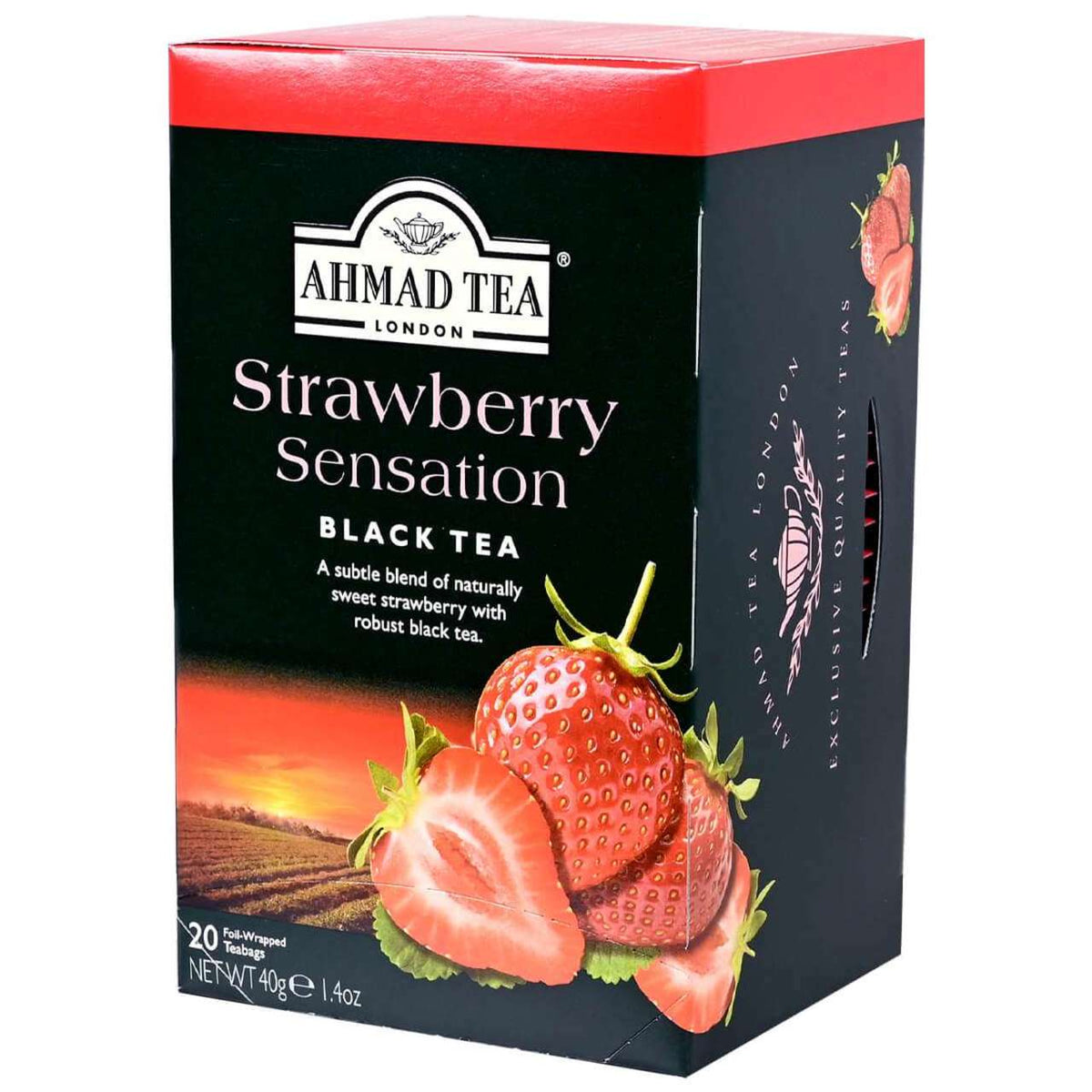 Box of Ahmad Tea Strawberry Sensation Black Tea with strawberries on a black background