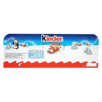 Back of a package of Kinder chocolates featuring winter scene of cartoon penguin and chipmunks.