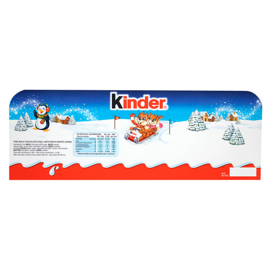 Back of a package of Kinder chocolates featuring winter scene of cartoon penguin and chipmunks.