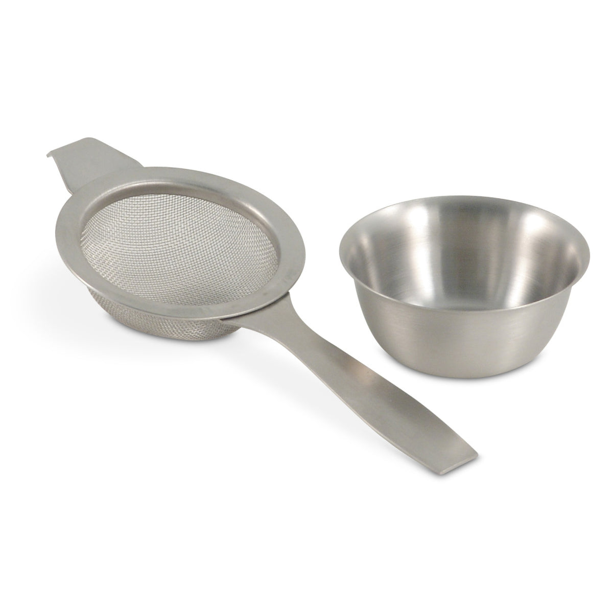 Stainless steel mesh strainer and bowl on a white background