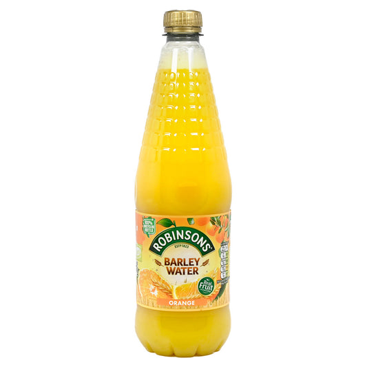 Bottle of Robinson's Barley Water Orange flavor on a white background