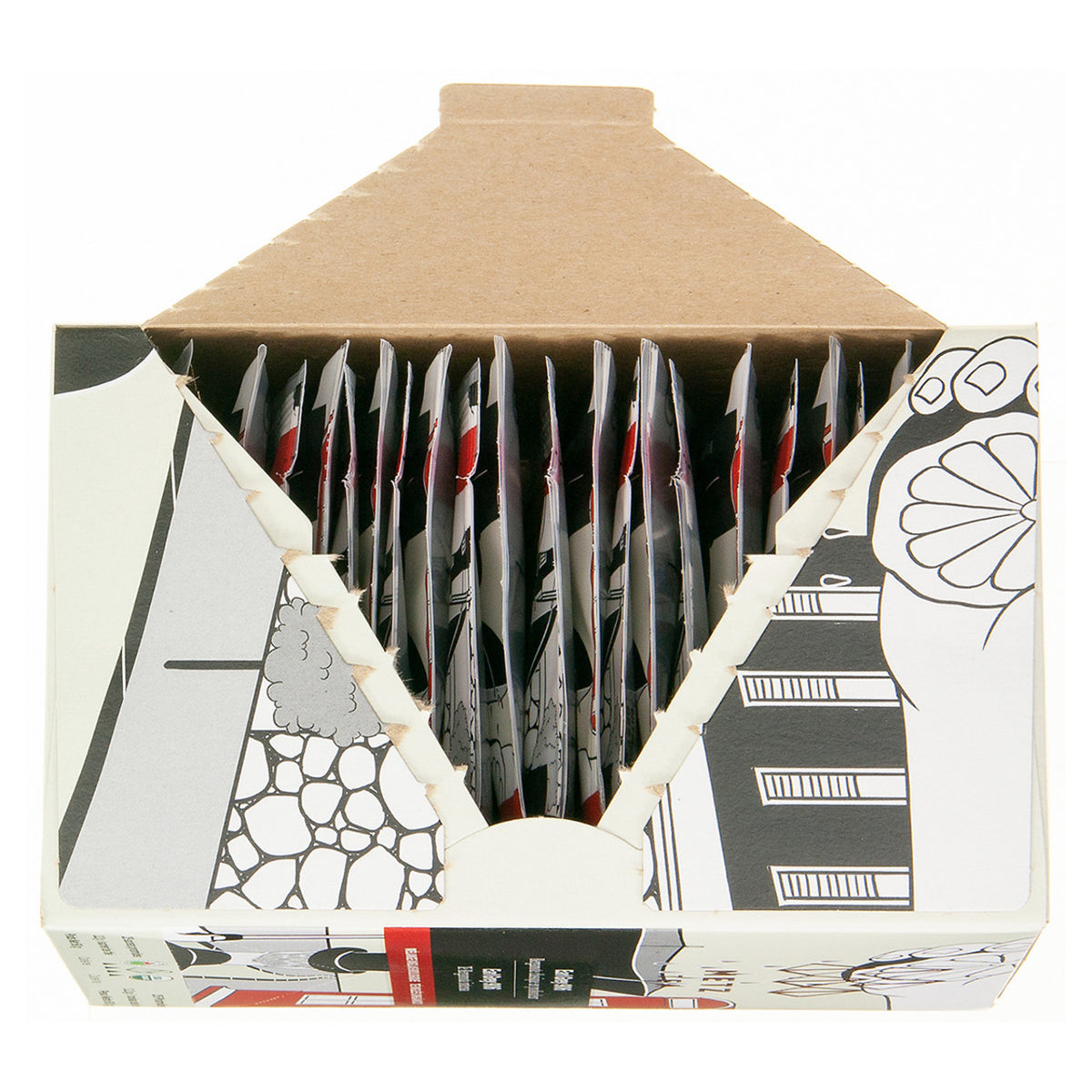 Box of tea bags with decorative packaging on a white background