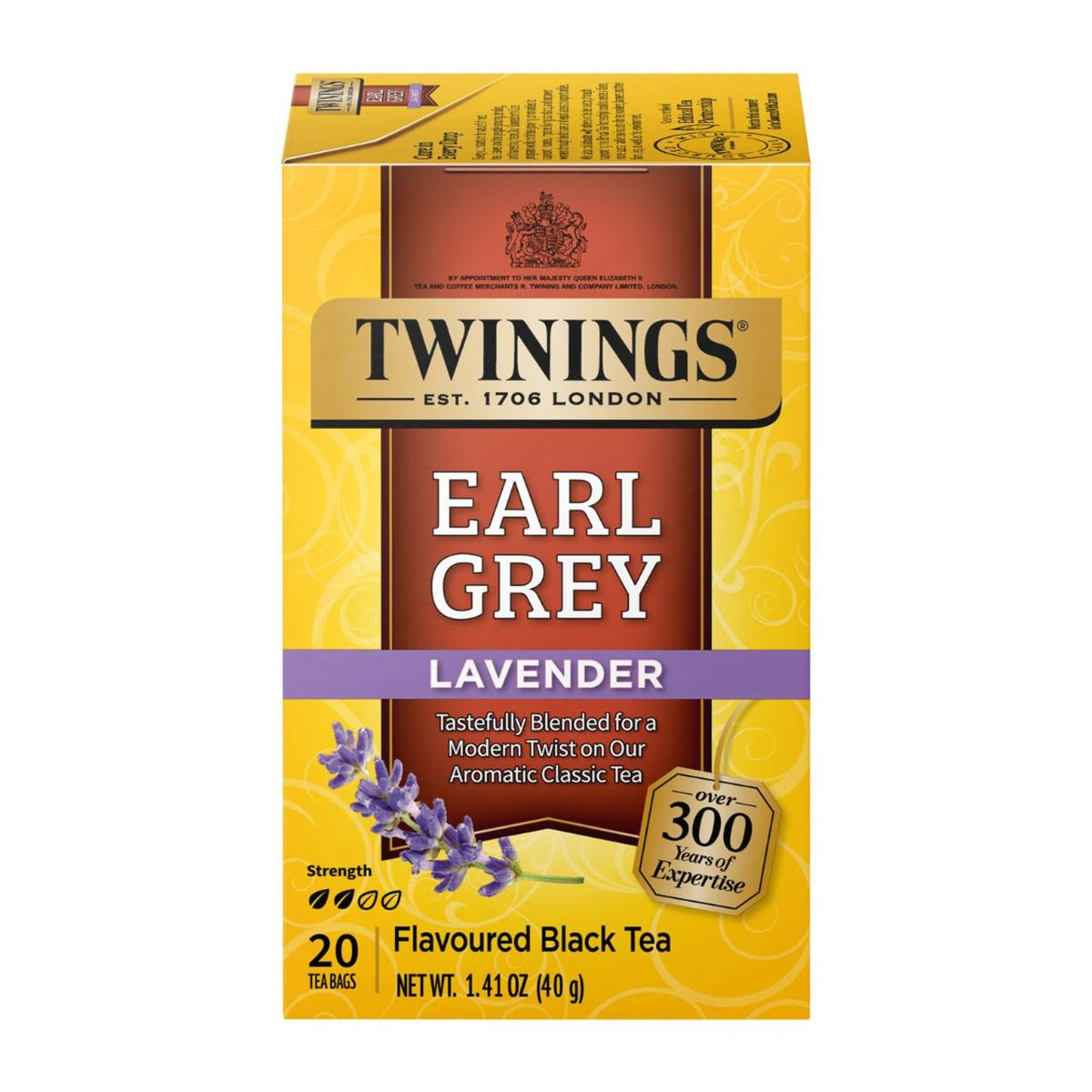 Twinings Earl Grey Lavender tea box on a white background