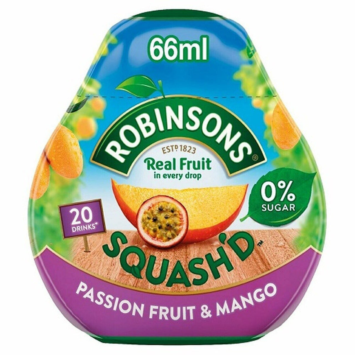 Robinsons Squash'd passion fruit & mango drink container on a white background
