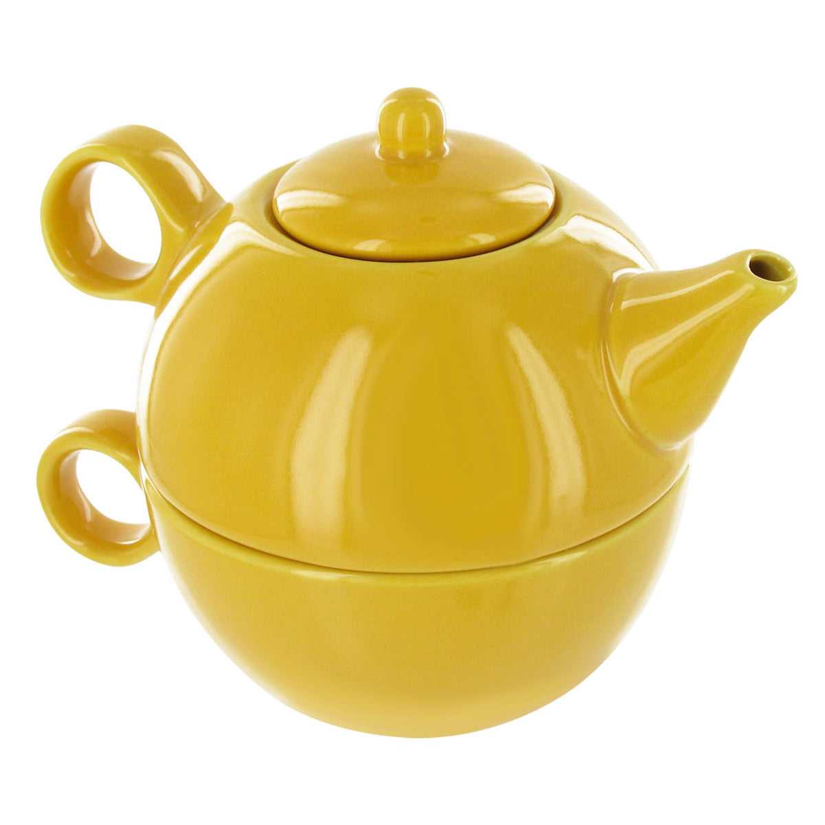 Yellow Tea for One set with teapot stacked on a matching cup on a white background