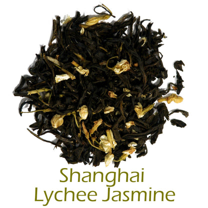 Shanghai Lychee Jasmine loose-leaf tea in a circular pattern on a white background with product name callout at the bottom