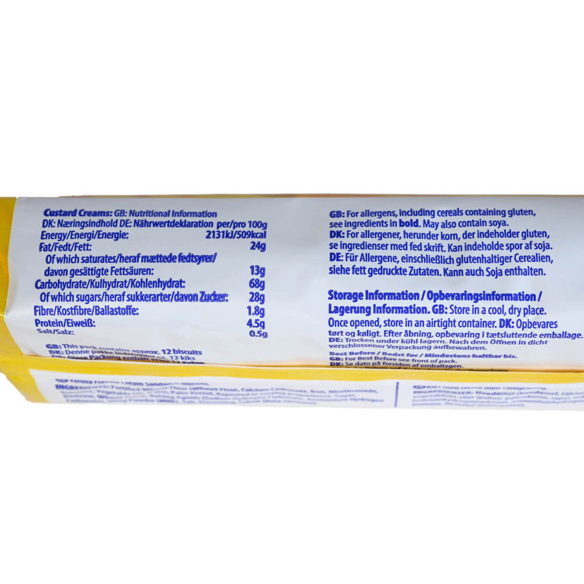 Hills Biscuits Custard Cream nutritional information label on a food product packaging with blue text on a white background.