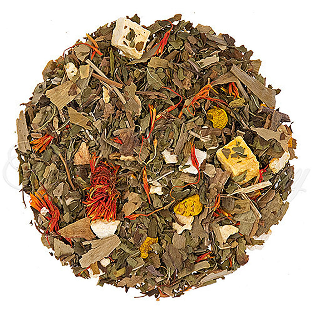 Tea blend with various spices, fruit pieces, and leaves on a white background