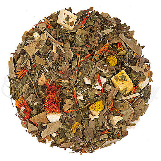 Tea blend with various spices, fruit pieces, and leaves on a white background
