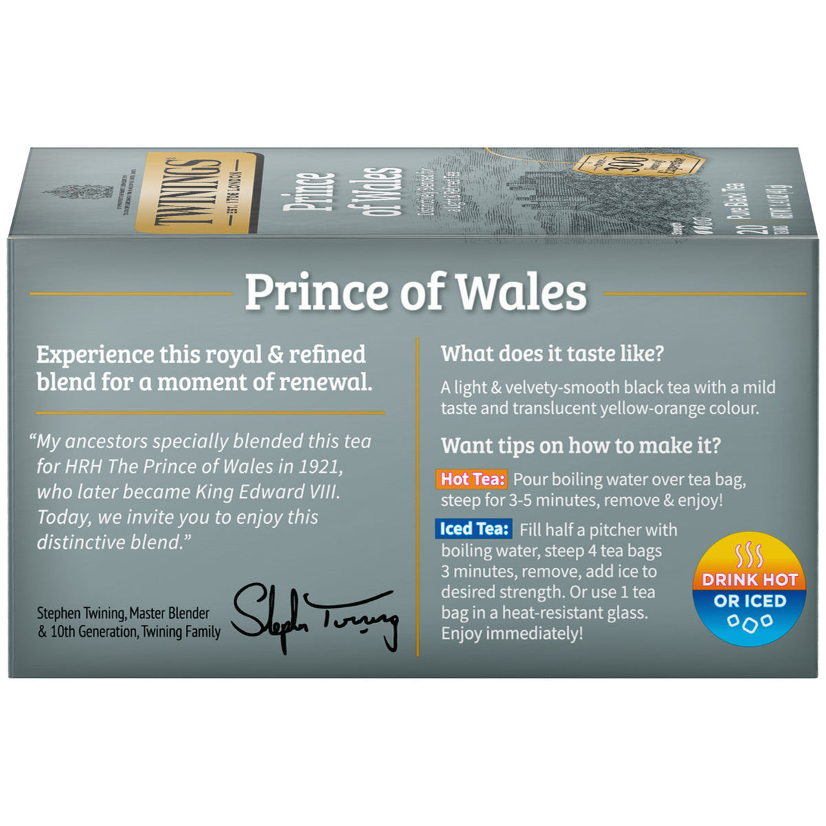 Box of Prince of Wales tea with instructions and branding details.