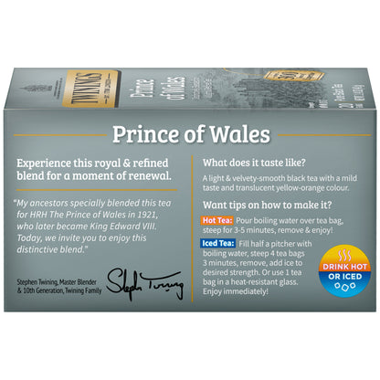 Box of Prince of Wales tea with instructions and branding details.