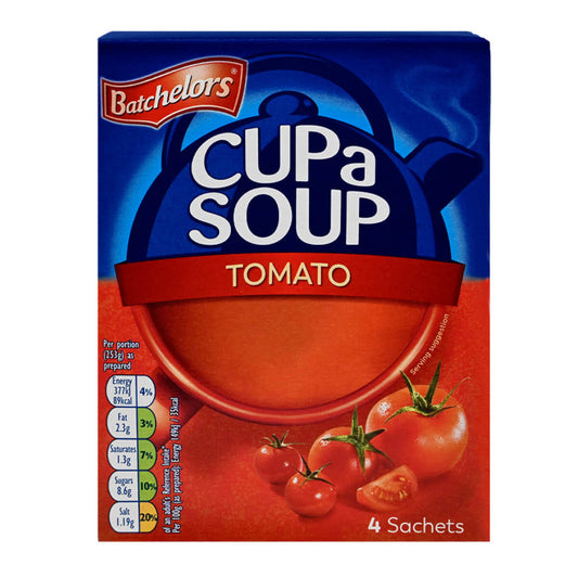 Box of Batchelors Cup a Soup Tomato flavor on a white background