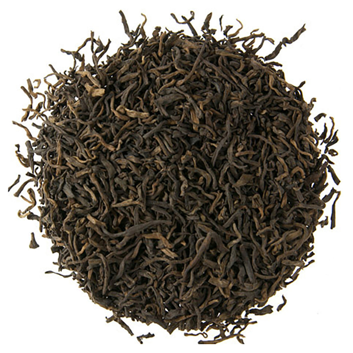 Close-up of dark brown tea leaves on a white background