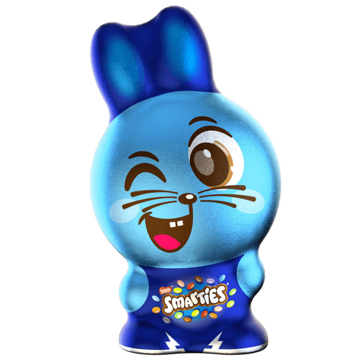 Blue bunny-shaped Smarties candy container on a white background
