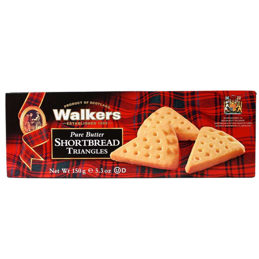 Box of Walkers Shortbread Triangles with a red tartan pattern on a white background