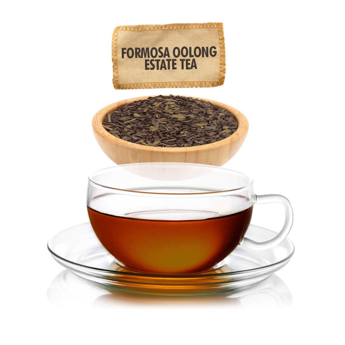 Formosa Oolong Estate Tea packaging with a cup of tea and tea leaves on a white background