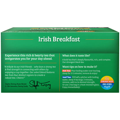 Box of Twining's Irish Breakfast tea with green packaging and white text.
