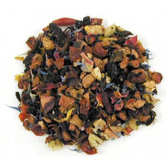 A mix of dried fruits and petals for loose leaf tea, with a variety of colors from the different ingredients.