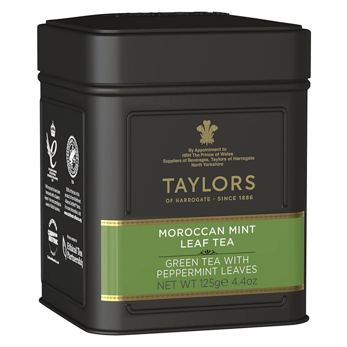 Black tin of Taylors Moroccan Mint Leaf Tea on a white background