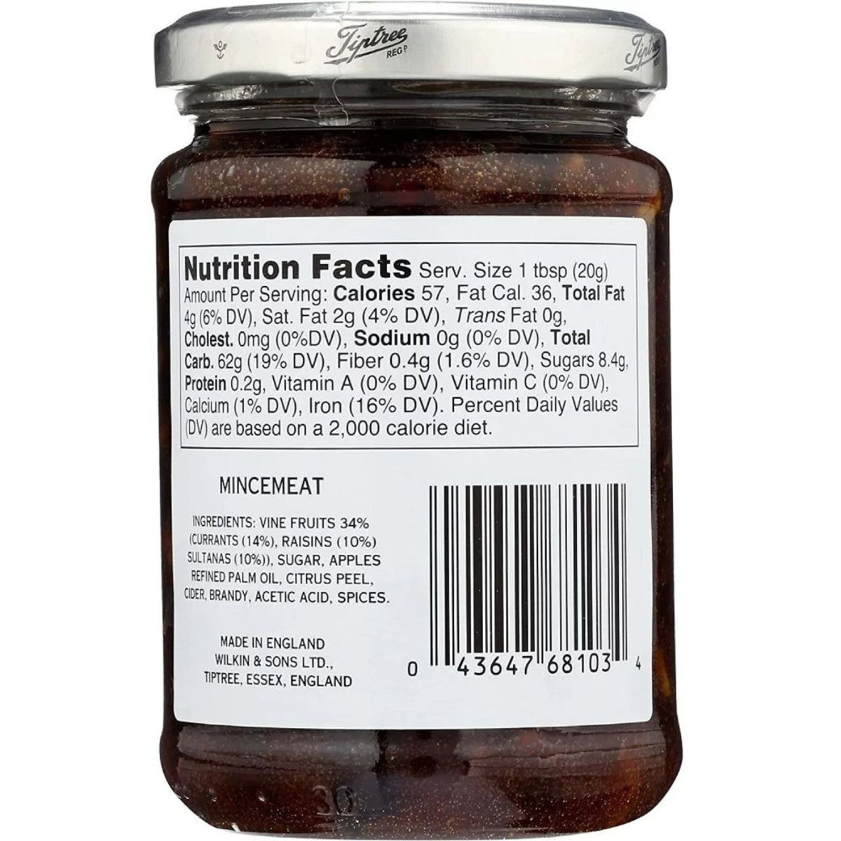 Back of a jar of Tiptree Mincemeat with visible label on a white background featuring nutrition facts and ingredients.