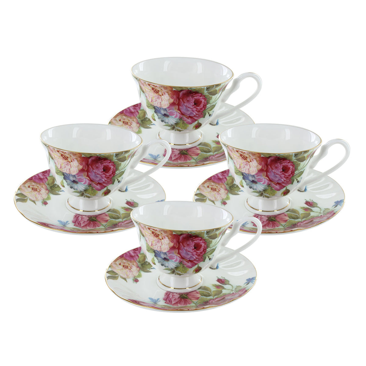 Set of four floral teacups and saucers on a white background