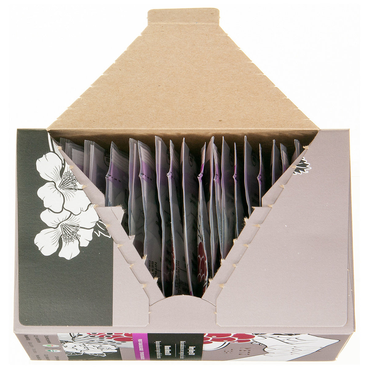 Tea box package with floral designs and a white flower illustration opened showing the individual wrapped teabags. 