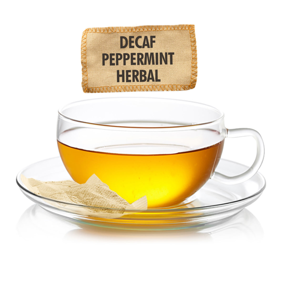 Clear glass cup of tea with a tea bag labeled 'Decaf Peppermint Herbal' on a white background