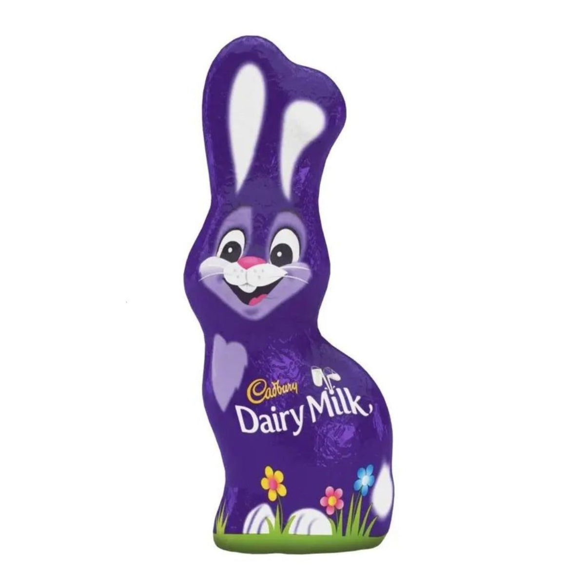 Purple chocolate bunny with 'Cadbury Dairy Milk' branding on a white background