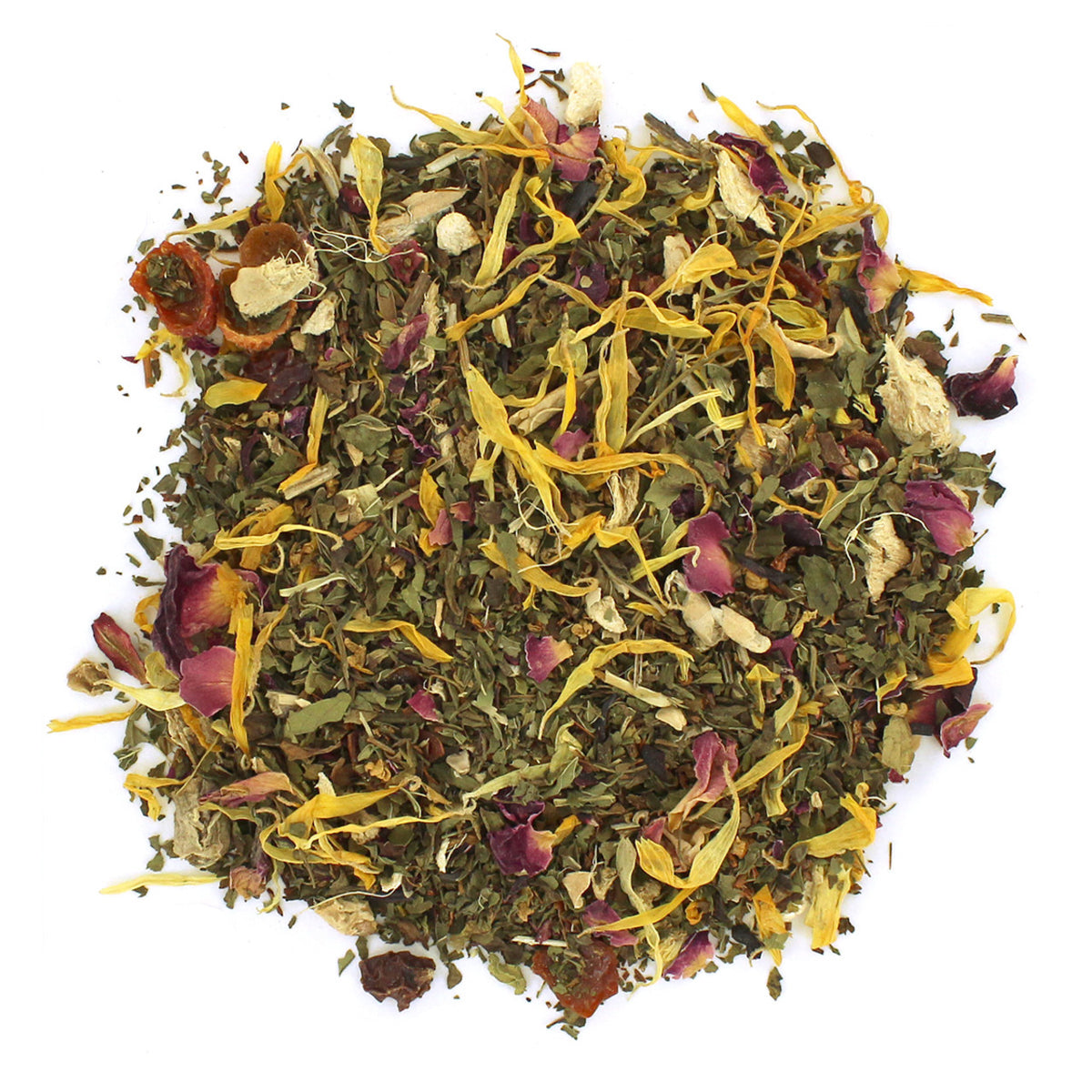 A mixture of dried herbs and flowers, including peppermint leaves, rosehip pieces, spearmint leaves, ginger, rooibos, hibiscus, rose, calendula, and osmanthus petals, arranged on a white background.