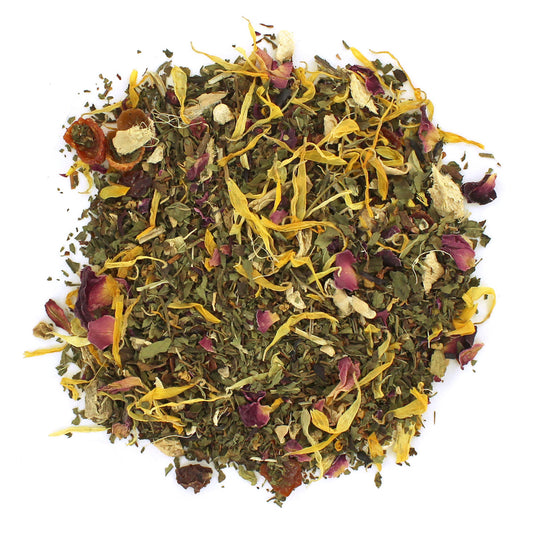 A mixture of dried herbs and flowers, including peppermint leaves, rosehip pieces, spearmint leaves, ginger, rooibos, hibiscus, rose, calendula, and osmanthus petals, arranged on a white background.