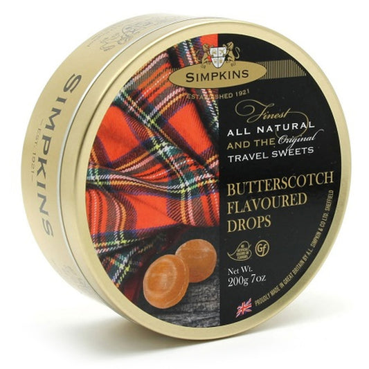 Simpkins butterscotch flavored drops tin with plaid design