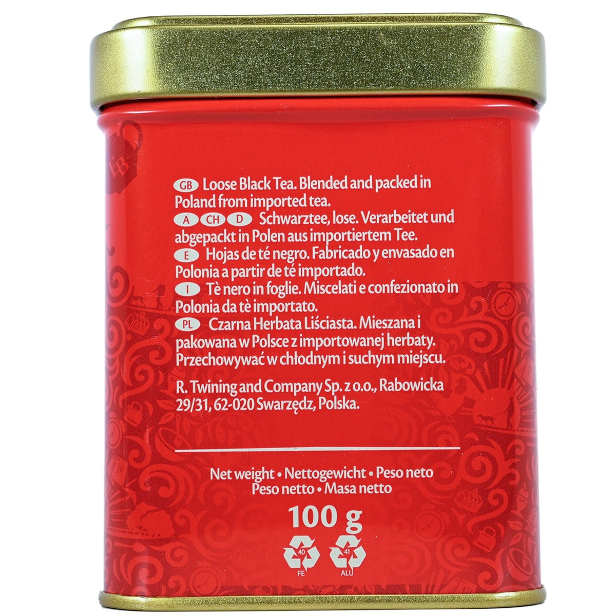 Twinings English Breakfast red tea canister with gold lid and text on a white background