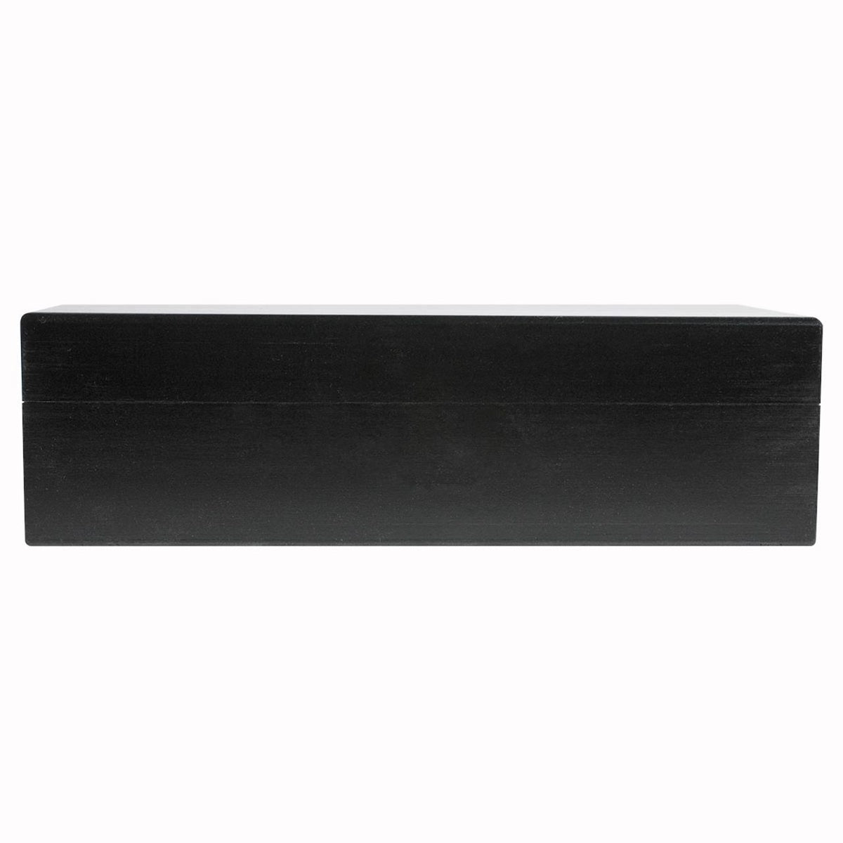 Side view of a closed black wooden tea chest box.