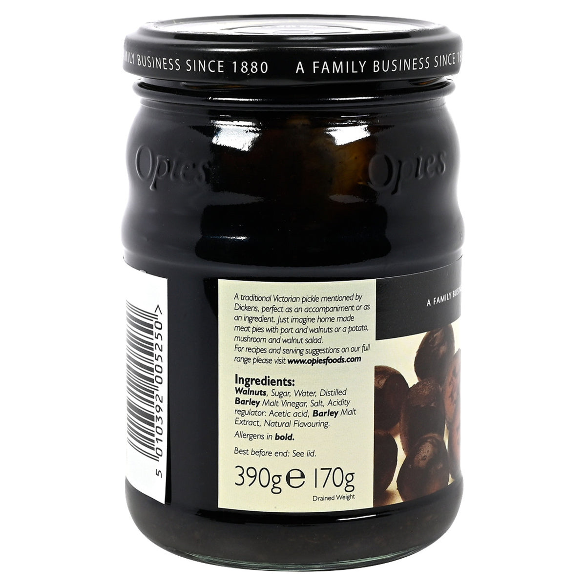 Jar of Opies Pickled Walnuts on a white background with ingredients list.