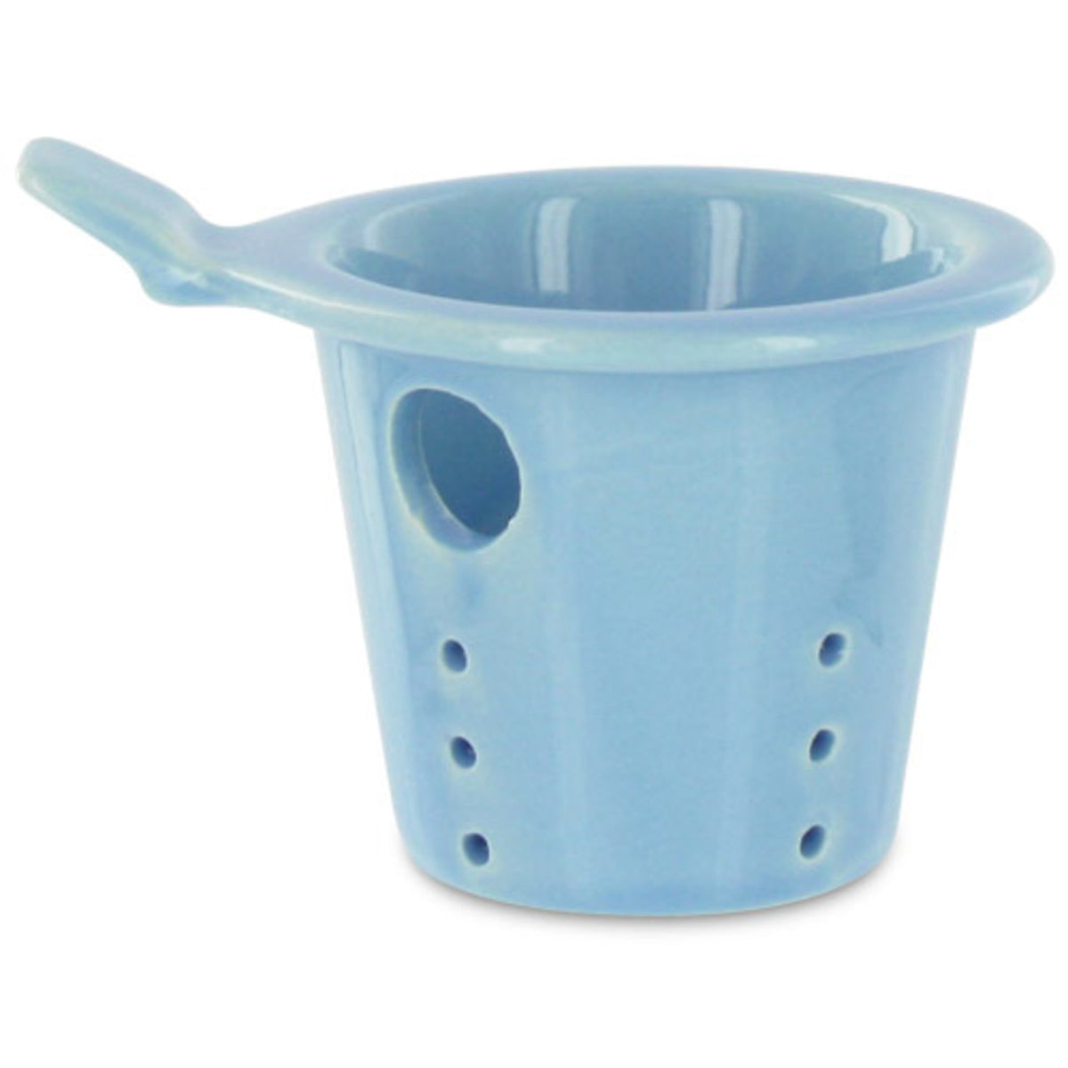 Blue ceramic teapot infuser with handle on a white background