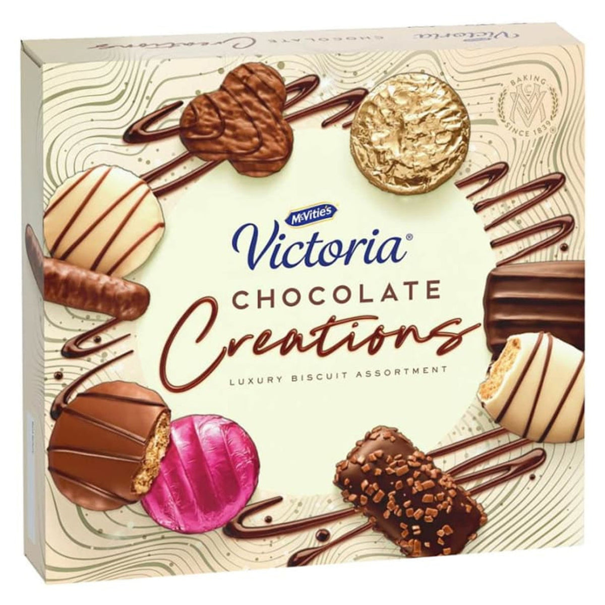 Box of McVitie's Victoria Chocolate Creations with various chocolate biscuits on a decorative background.