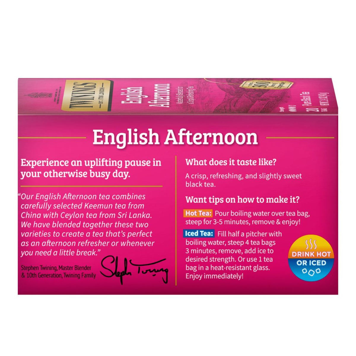 Tea box packaging for 'English Afternoon' tea with pink background and white text.
