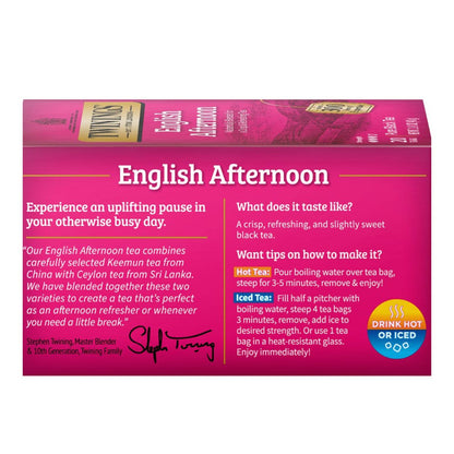 Tea box packaging for 'English Afternoon' tea with pink background and white text.