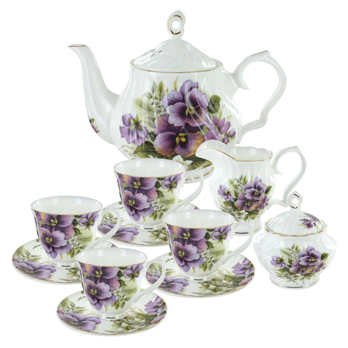 Bone China tea set with purple floral design on a white background