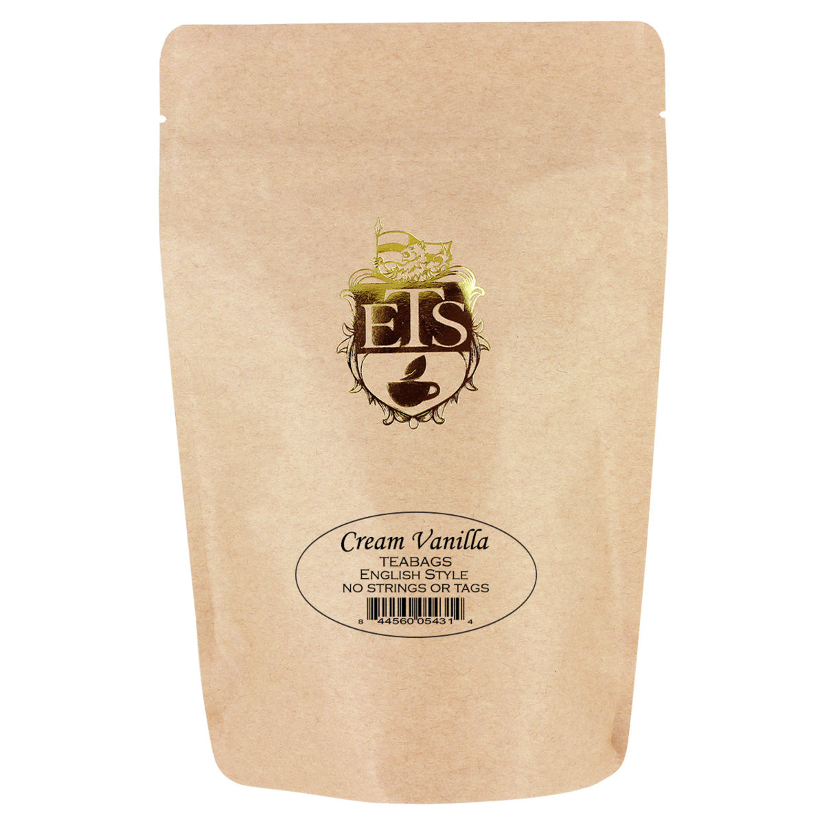 Kraft paper packaging of Cream Vanilla teabags with the ETS logo on a white background