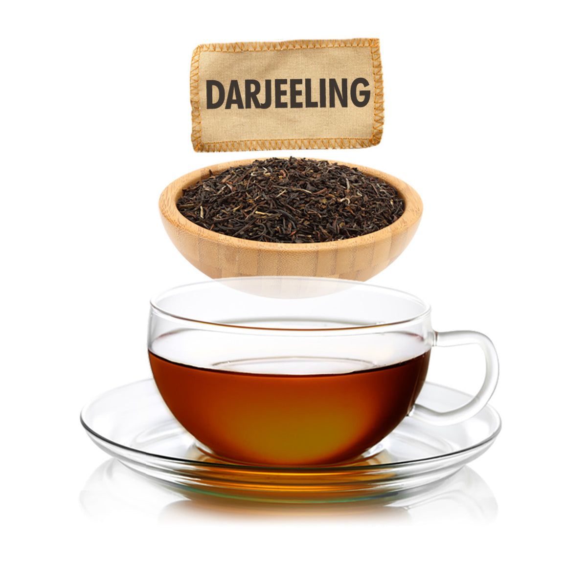 Darjeeling tea with a cup of tea and a bowl of tea leaves on a white background.