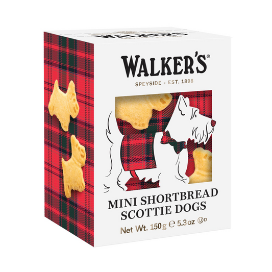 Box of Walker's Mini Shortbread Scottie Dogs with plaid design and dog illustration.