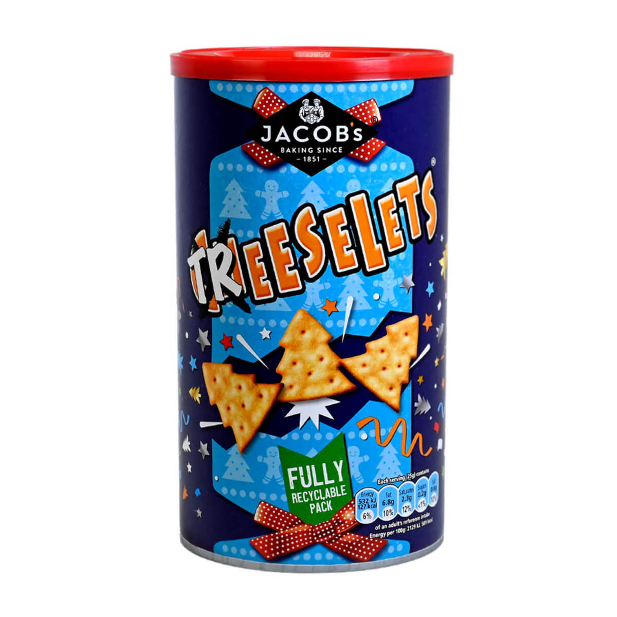 Jar of Treleselets with a blue label and red lid on a white background