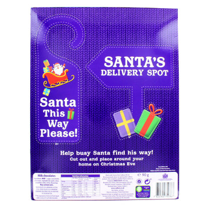 Back side of Cadbury Dairy Milk chocolate advent calendar featuring illustrations of Santa and presents, along with nutritional information.