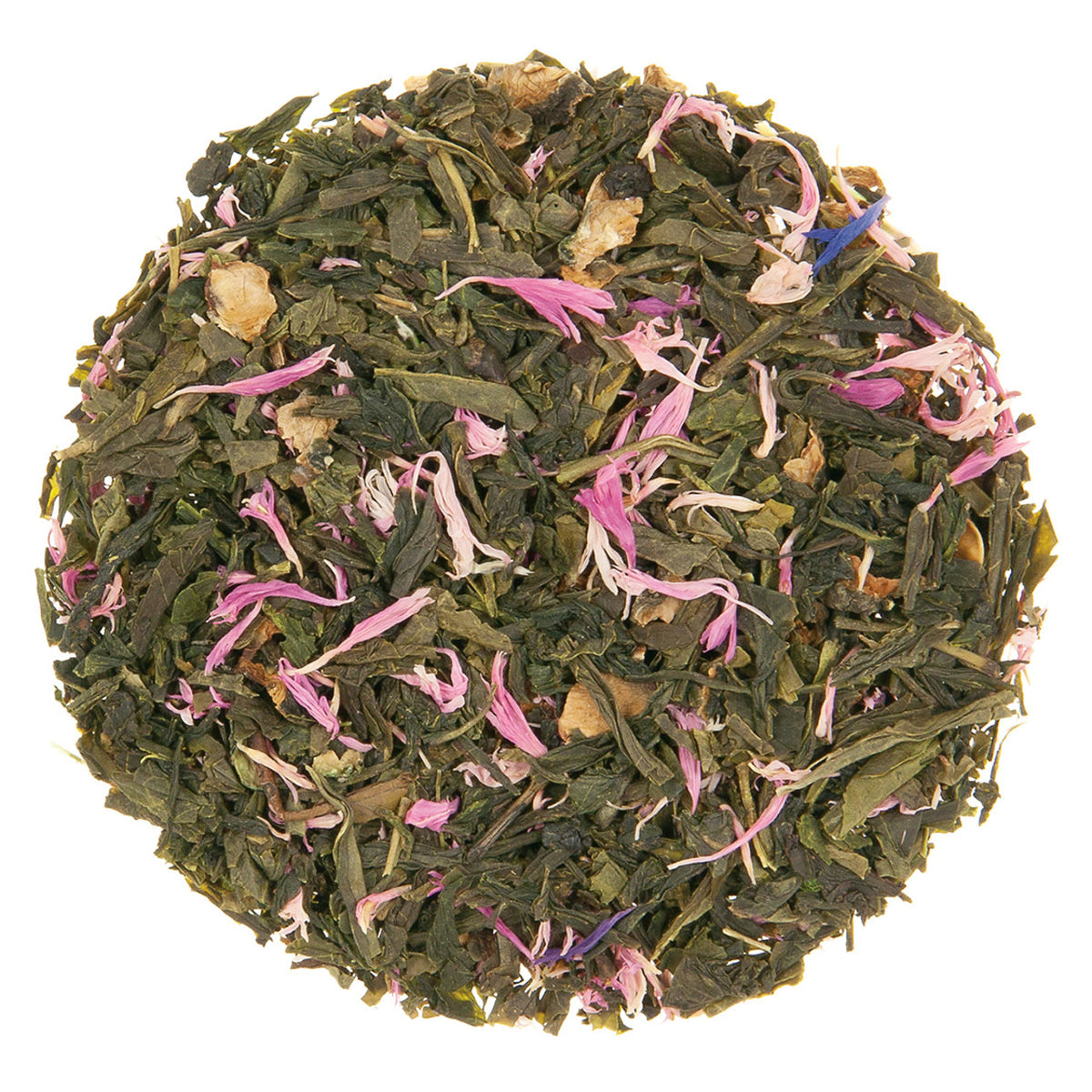 Green tea leaves with pink petals on a white background