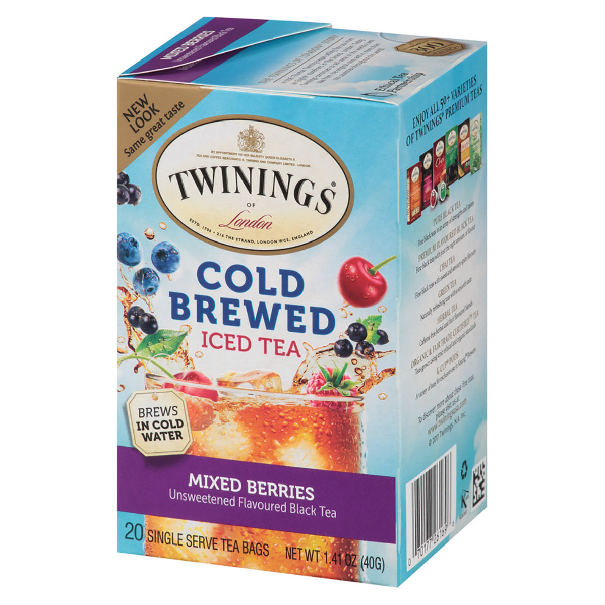 Box of Twinings Cold Brewed Iced Tea with Mixed Berries flavor on a white background