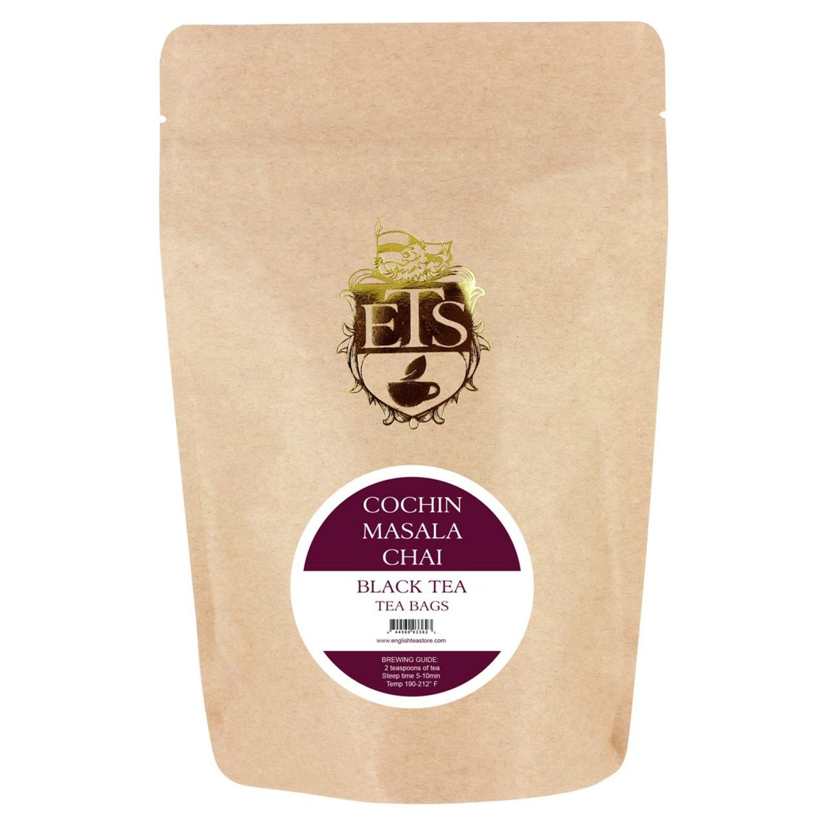 A pouch of Cochin Masala Chai tea bags by The English Tea Store with branding and product name visible.