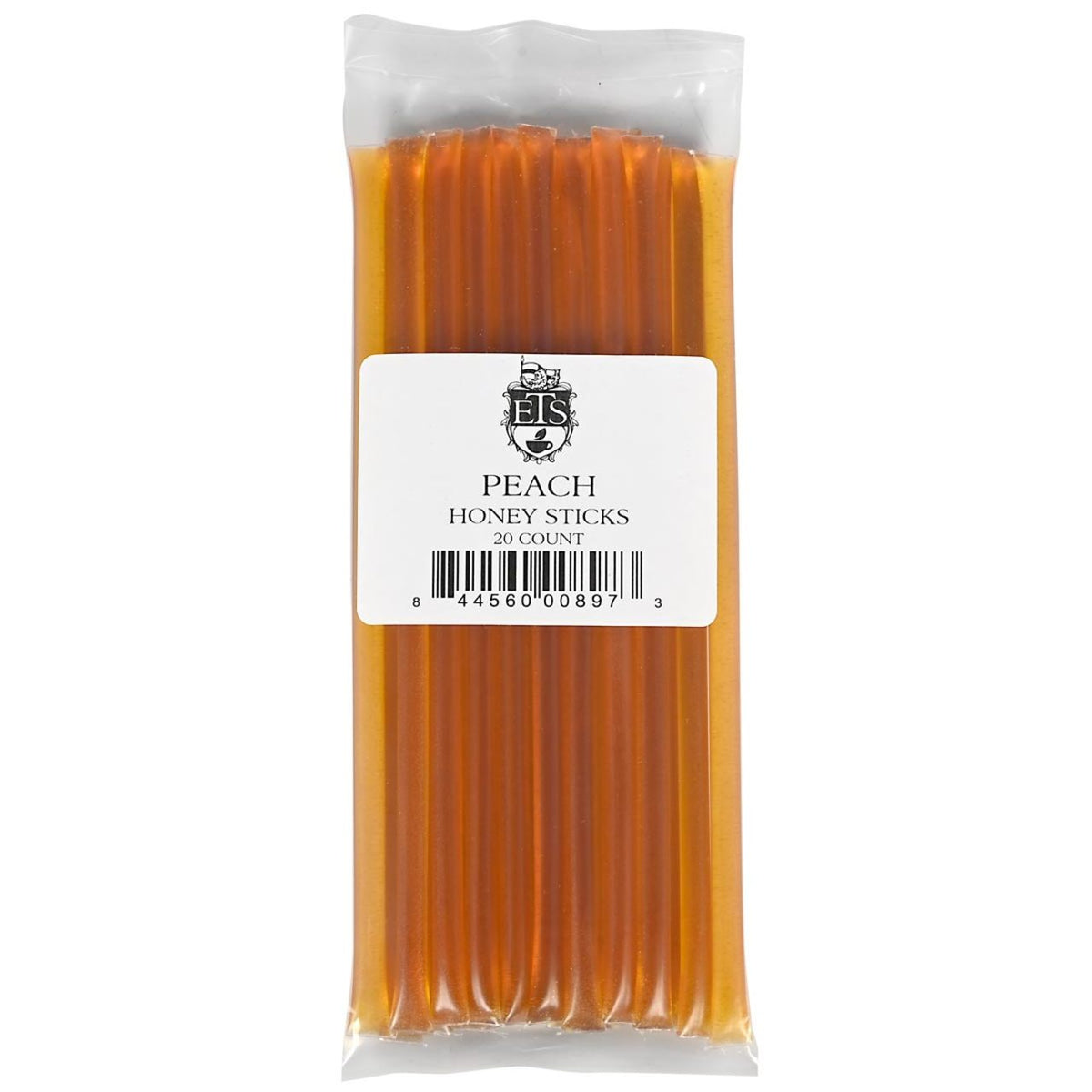 Pack of peach honey sticks with a visible brand label on a white background